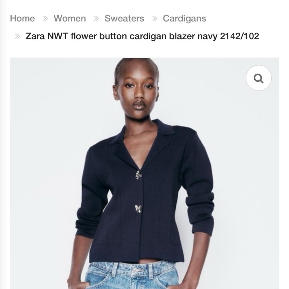 Zara Navy Button Flower Cardigan Blazer